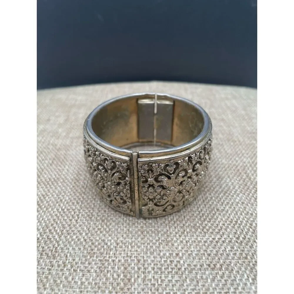 Vintage Silver Tone Wide Cuff Bangle Bracelet Scrolled Fancy Safety Chain